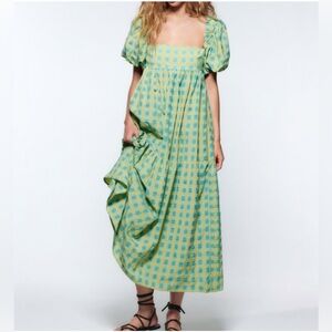 NWOT Zara Green & Yellow Gingham Plaid Midi Dress Size S Cottagecore Milk Maid